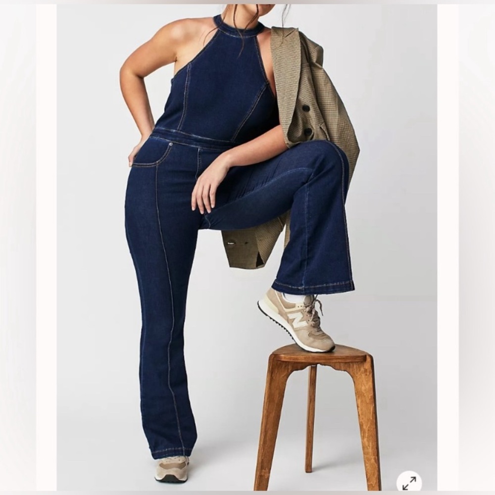 New Free People CRVY Sydney Denim Halter Jumpsuit- Dark Wash
